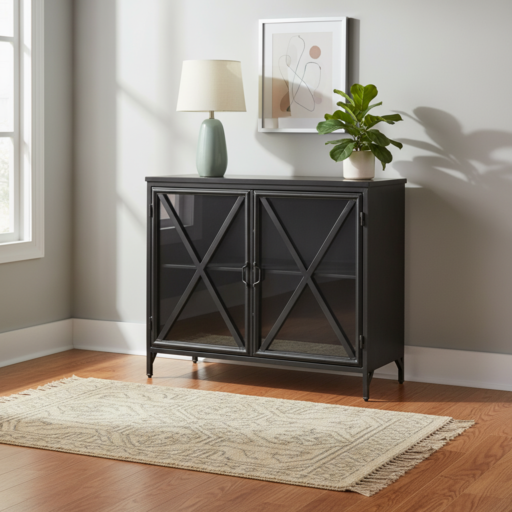 Mercana Poppy 40.3" x 16" x 33" Glass,Iron Accent Cabinet
