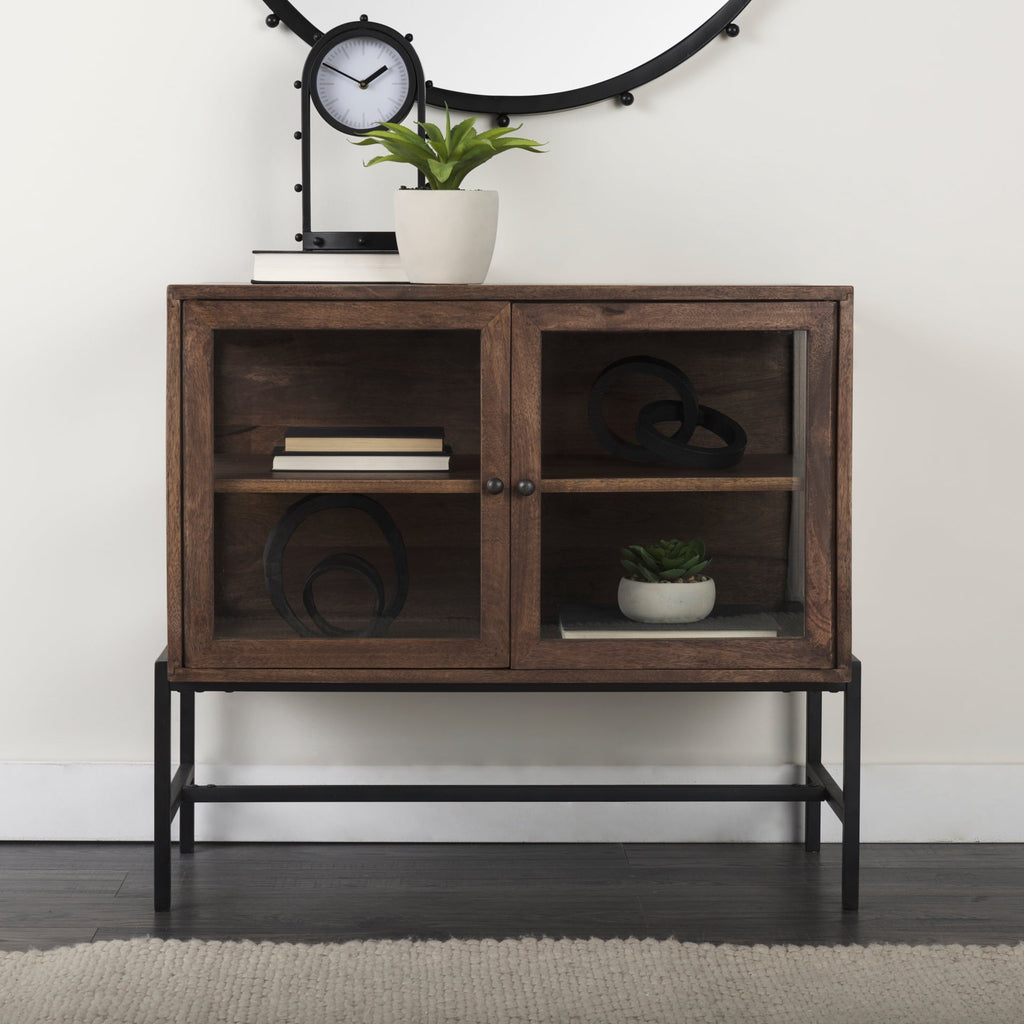 Mercana Arelius 36" x 18.8" x 32" Glass,Iron,Solid Wood Accent Cabinet