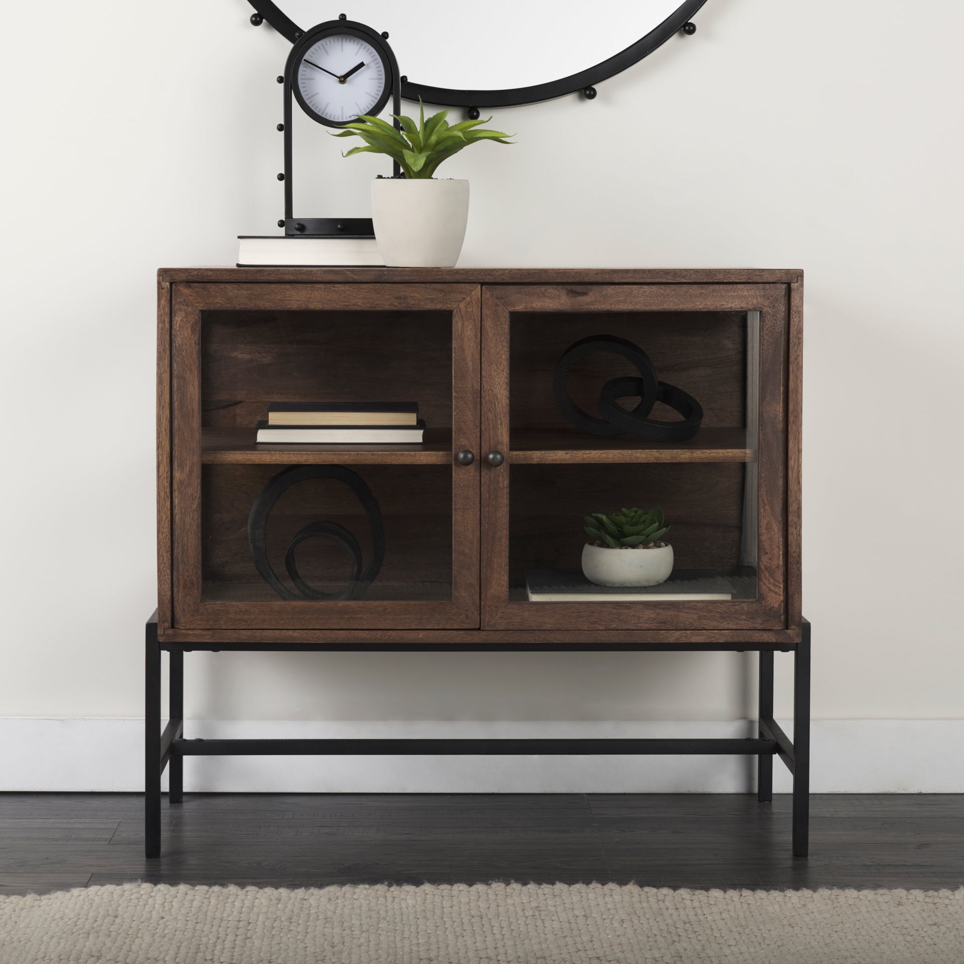 Mercana Arelius 36" x 18.8" x 32" Glass,Iron,Solid Wood Accent Cabinet