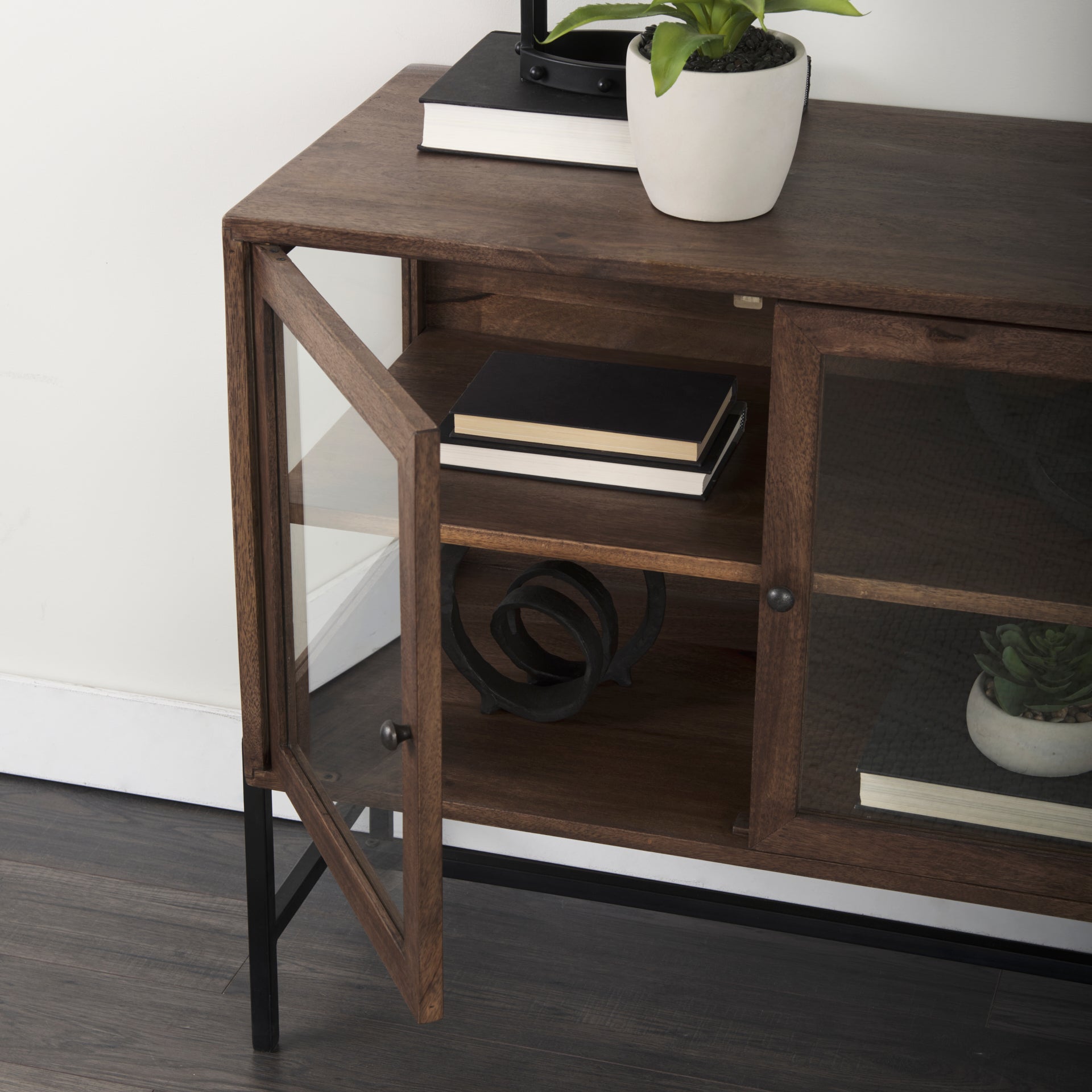 Mercana Arelius 36" x 18.8" x 32" Glass,Iron,Solid Wood Accent Cabinet