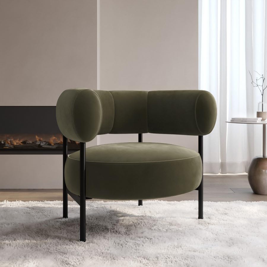 Romy Velvet Curved Armchair with Metal Legs – Recycled Velvet Lounge Accent Chair – Modern Upholstered Tub Chair – Living Room Seating