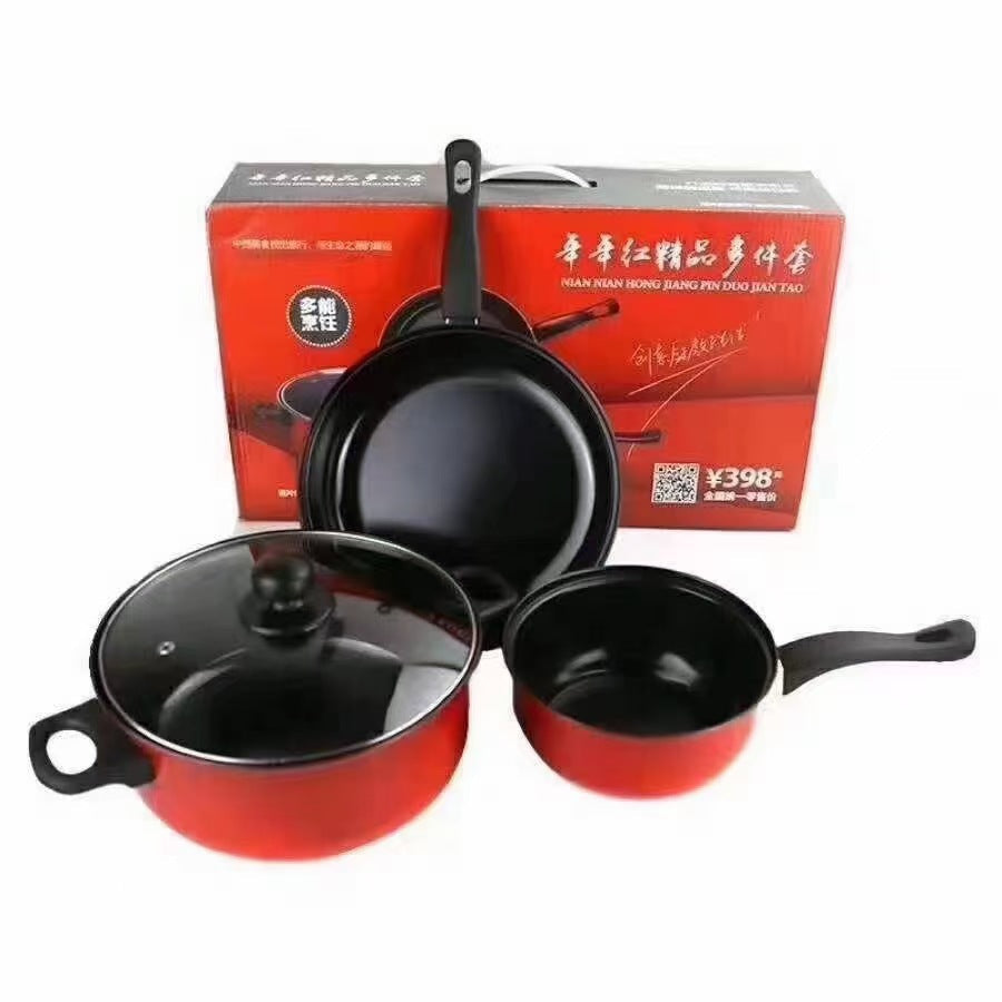 Red 3-Piece Non-Stick Cookware Set ? Milk Pot, Soup Pot & Frying Pan with Custom Logo Option
