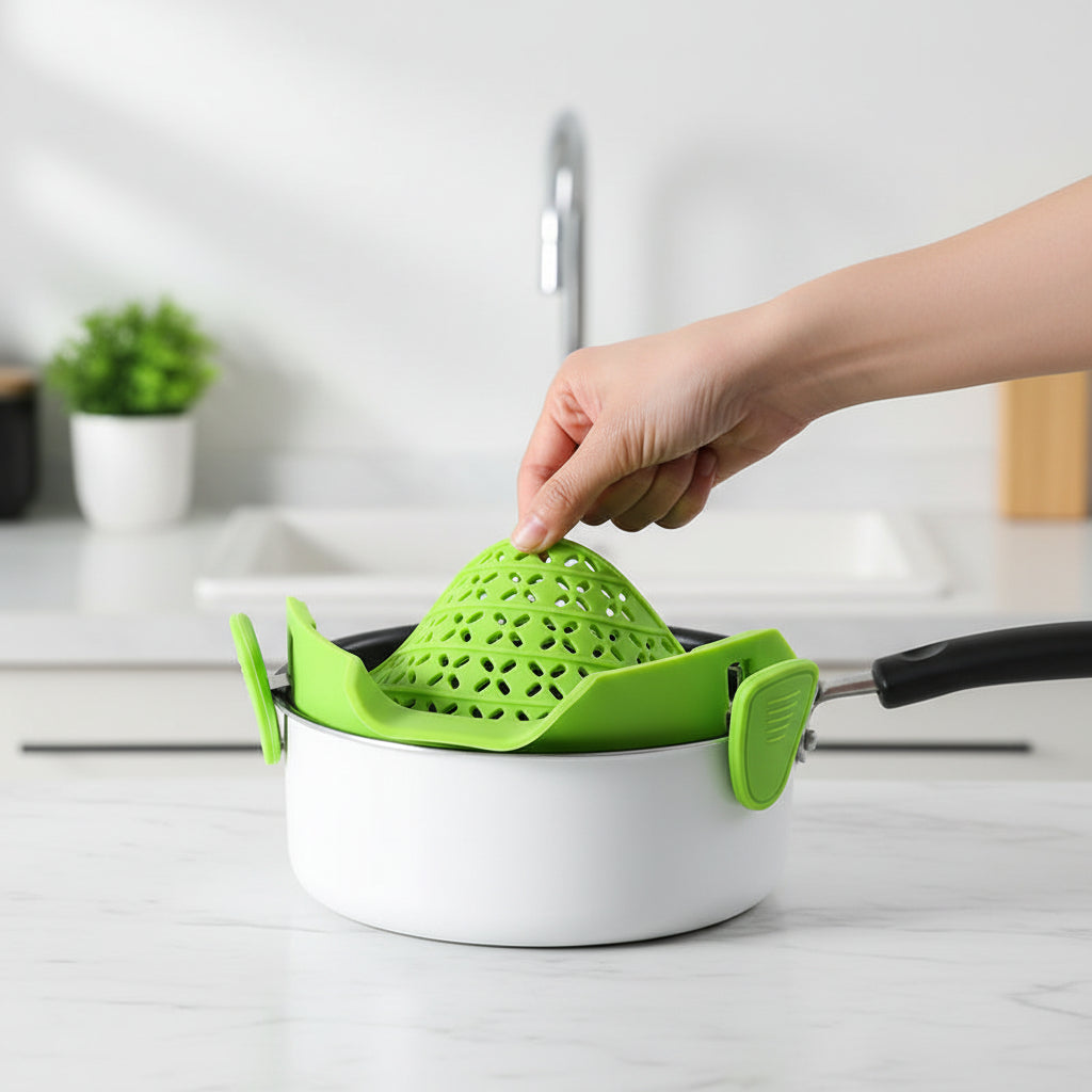 Silicone Pot Side Drain Stopper & Strainer – Spill-Proof, Heat-Resistant Kitchen Tool