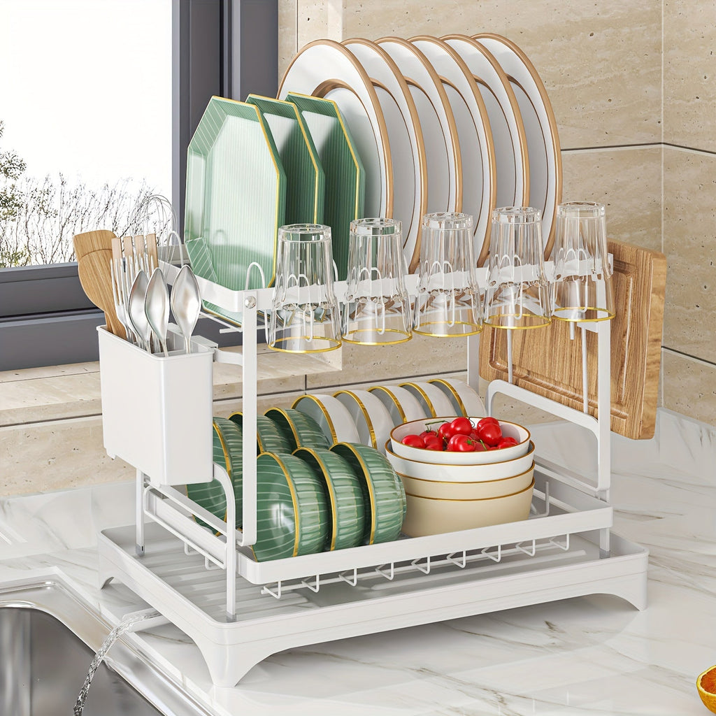 1pc Dish Rack, Double Layers Space-saving Dish Drying Rack With Drainboard And Utensil Holders, Multifunctional Large Capacity Dish Storage Organizer, For Kitchen Counter, Kitchen Organizers And Storage, Kitchen Accessories