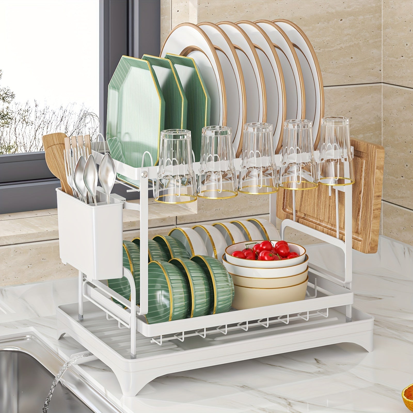 1pc Dish Rack, Double Layers Space-saving Dish Drying Rack With Drainboard And Utensil Holders, Multifunctional Large Capacity Dish Storage Organizer, For Kitchen Counter, Kitchen Organizers And Storage, Kitchen Accessories
