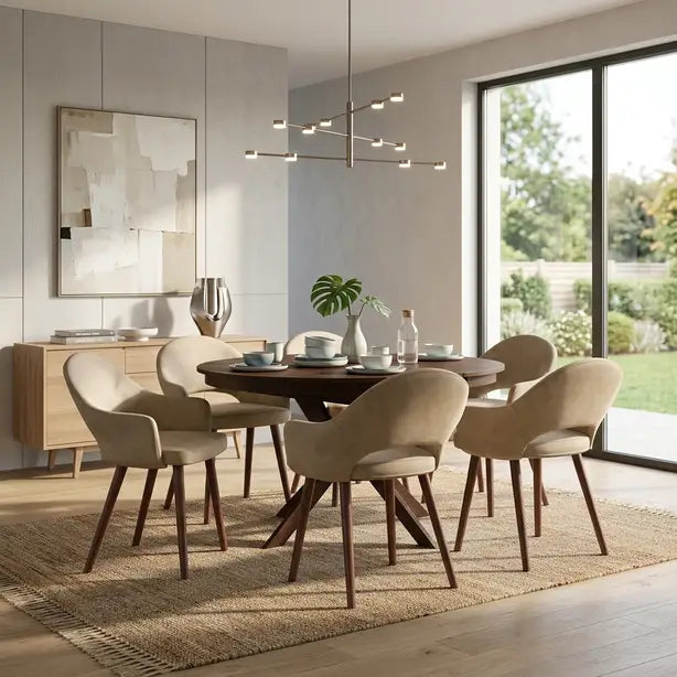 Walnut Extendable Dining Set with 4and 6 Beige Chairs in faux leather