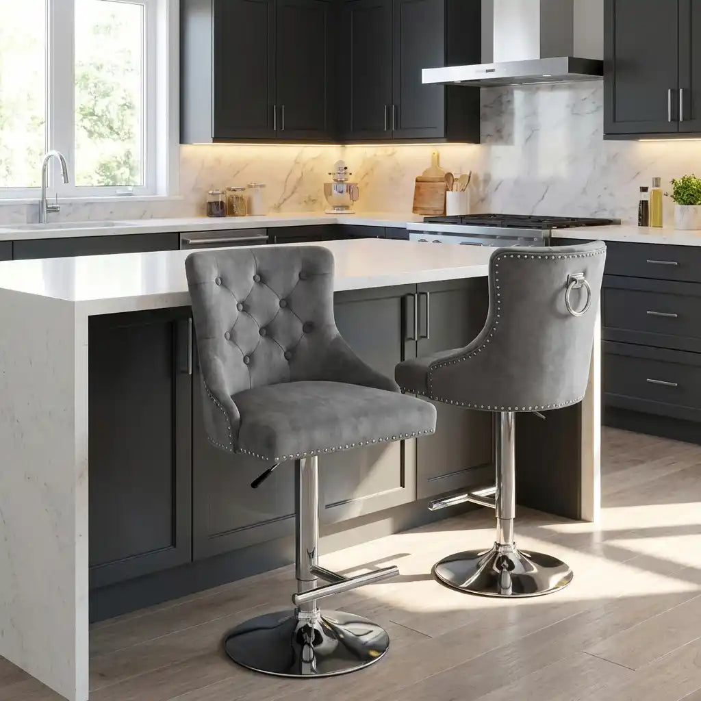 Chelsea Dark Grey Velvet Bar Stool with Chrome Base – Kitchen Breakfast Bar Stool with Lion Head or Ring Knocker Back Pair of 2 (Ring Knocker)