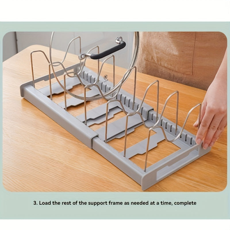 [1pc Adjustable Pot Organizer Rack] 1pc Expandable Stainless Steel Pot Organizer Rack with Adjustable Dividers, Uncharged Multi-Purpose Kitchen Cabinet Cookware Storage Solution for Pots and Pans Organization