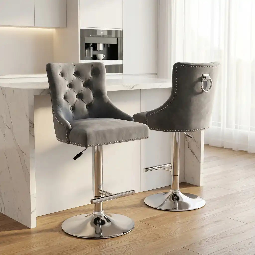 Chelsea Dark Grey Velvet Bar Stool with Chrome Base – Kitchen Breakfast Bar Stool with Lion Head or Ring Knocker Back Pair of 2 (Ring Knocker)