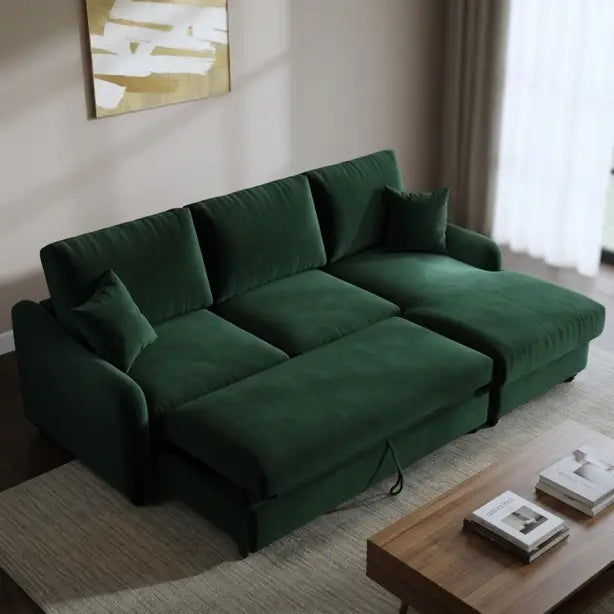 4 Seater Green Velvet Corner Sofa Bed with Storage