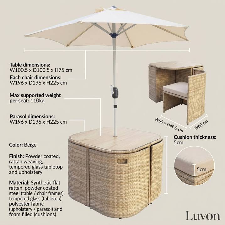 Luxury 4 Seater Beige Rattan Cube Garden Dining Set with Matching Parasol – Space Saving Outdoor