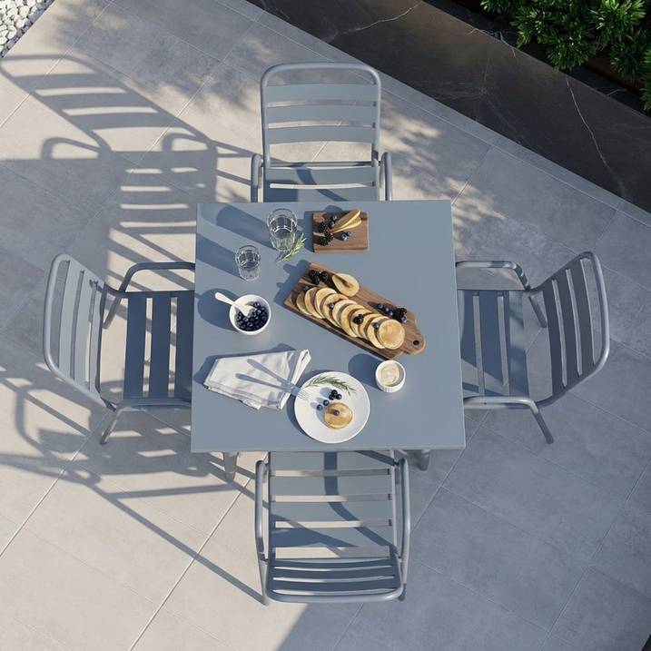 Modern 4 Seater Grey Aluminium Square Garden Dining Set – Contemporary Outdoor Patio Furniture