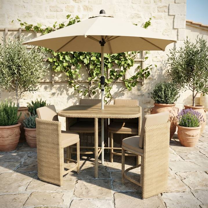 Luxury 4 Seater Beige Rattan Cube Garden Dining Set with Matching Parasol – Space Saving Outdoor