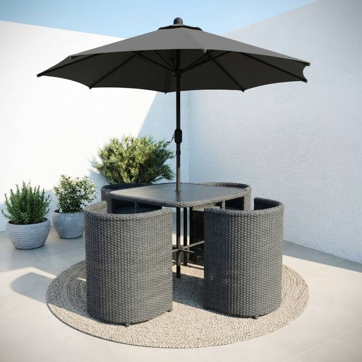 Luxury 4 Seater Grey Rattan Cube Garden Dining Set with Matching Parasol – Space Saving Outdoor Patio Furniture