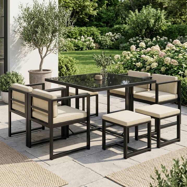 Luxury 8 Seater Grey Metal Cube Garden Dining Set with Cream Chairs – Modern Outdoor Patio Furniture