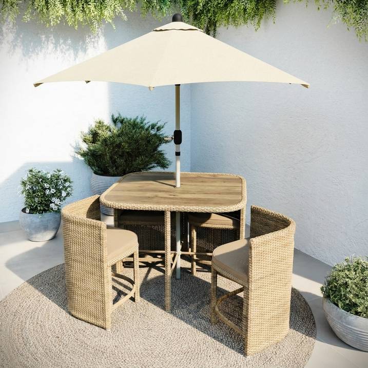 Luxury 4 Seater Beige Rattan Cube Garden Dining Set with Matching Parasol – Space Saving Outdoor