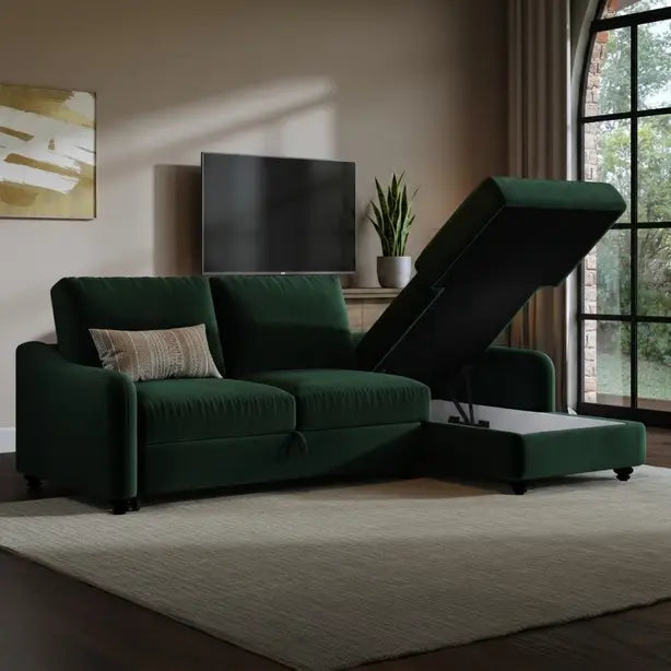 4 Seater Green Velvet Corner Sofa Bed with Storage