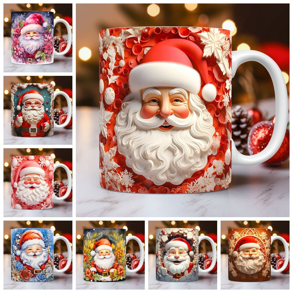 ☕ 3D Christmas Ceramic Mug – Santa & Snowman Holiday Coffee Cup