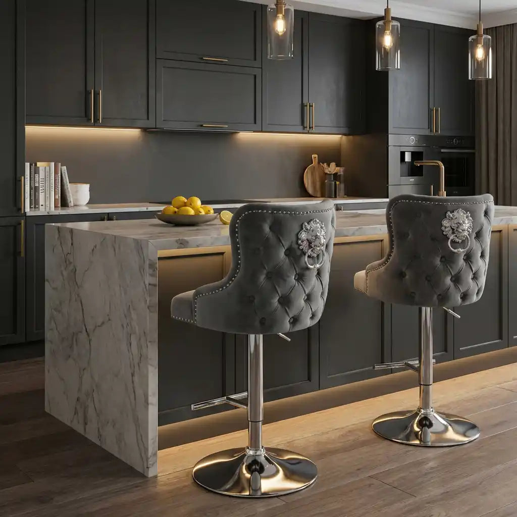 Lewis Velvet Bar Stool with Lion Knocker – Chesterfield Buttoned Bar Chair for Kitchen Island & Breakfast Bar Pair of 2 Stools (Dark Grey)
