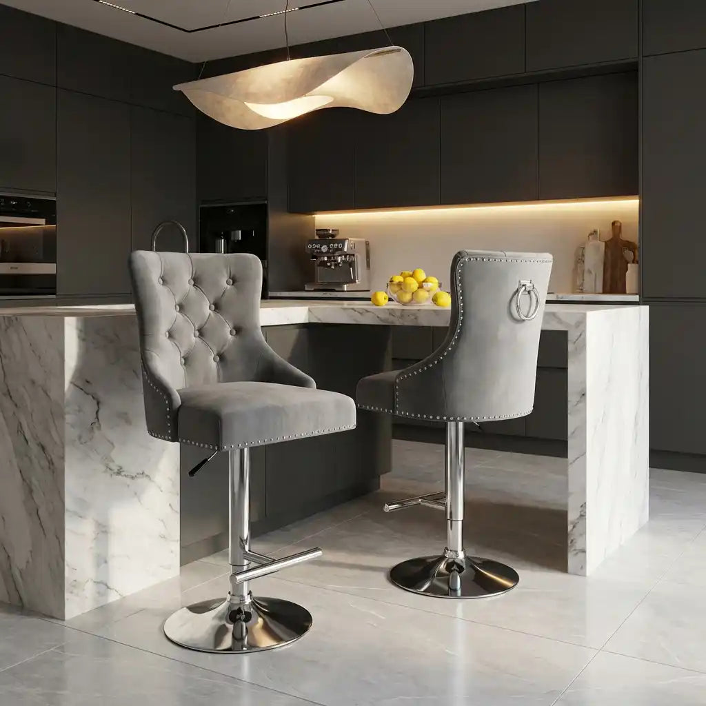 Chelsea Dark Grey Velvet Bar Stool with Chrome Base – Kitchen Breakfast Bar Stool with Lion Head or Ring Knocker Back Pair of 2 (Ring Knocker)