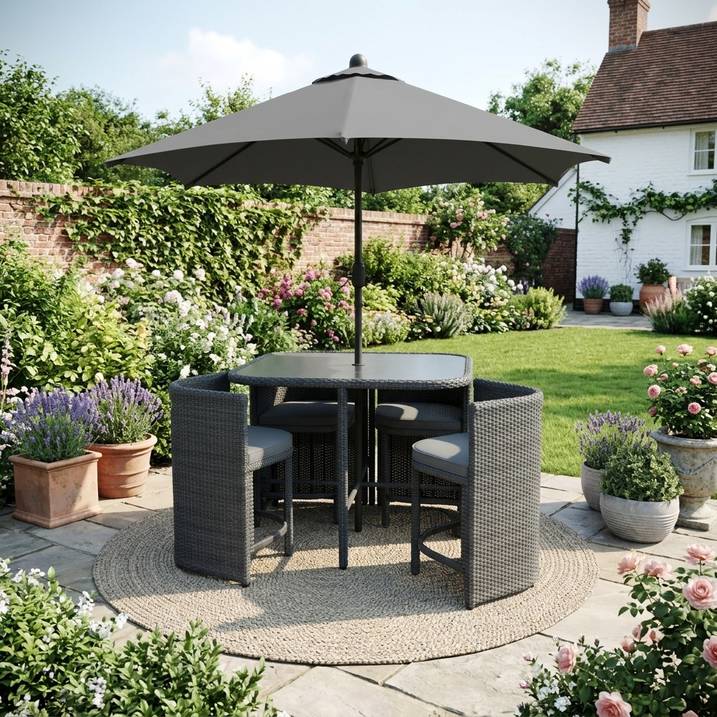 Luxury 4 Seater Grey Rattan Cube Garden Dining Set with Matching Parasol – Space Saving Outdoor Patio Furniture