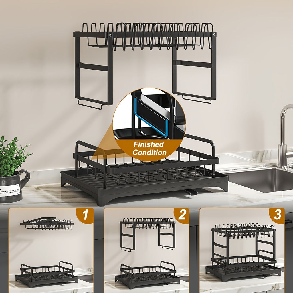 1pc Large Capacity 2-Tier Dish Drying Rack with Drainboard, Double-Layer Bowl & Cup Rack, Detachable Over The Sink Organizer for Kitchen Counter, Black & White - Ideal for Plates, Bowls, Cups & Cutlery Storage, Dish Drying Ra