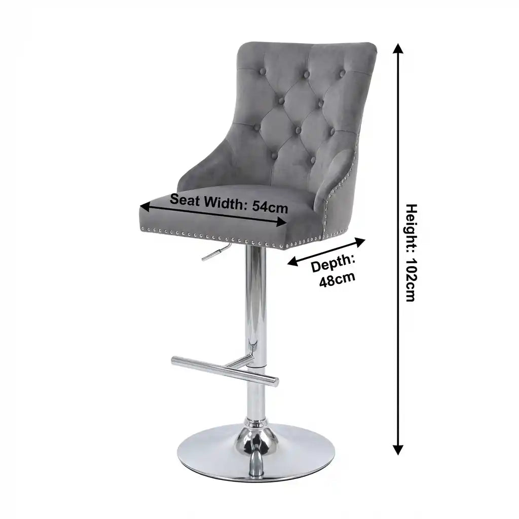 Chelsea Dark Grey Velvet Bar Stool with Chrome Base – Kitchen Breakfast Bar Stool with Lion Head or Ring Knocker Back Pair of 2 (Lionhead Knocker)