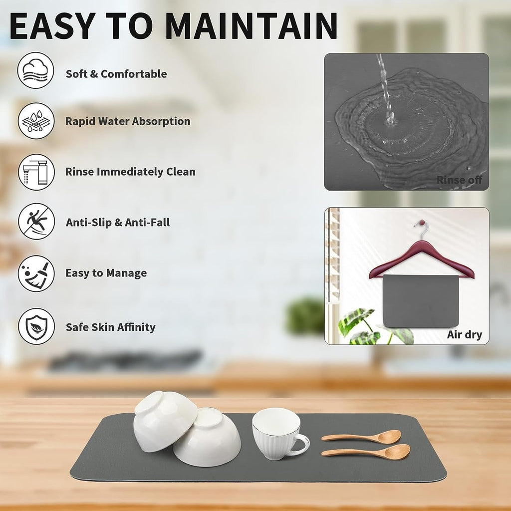 Super Absorbent Dish Drying Mat - 16"x18" Heat Resistant Drainer with Non-Slip Rubber Backed, Hide Stains, Perfect for Kitchen Counters, Restaurants, and Cafes