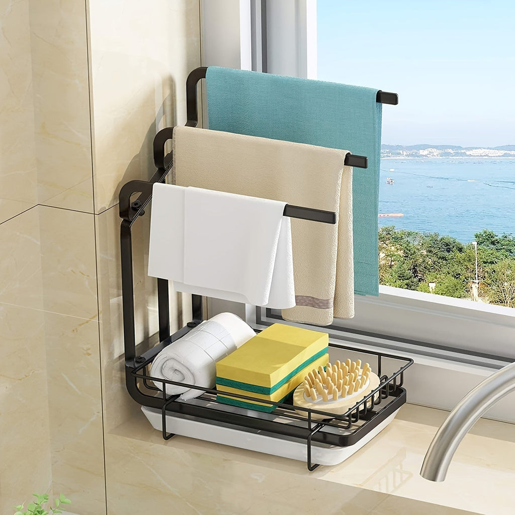 1 sink rack kitchen sponge rack, kitchen sink countertop rag holder tray, soap dispenser brush drain rack storage rack with removable drain tray