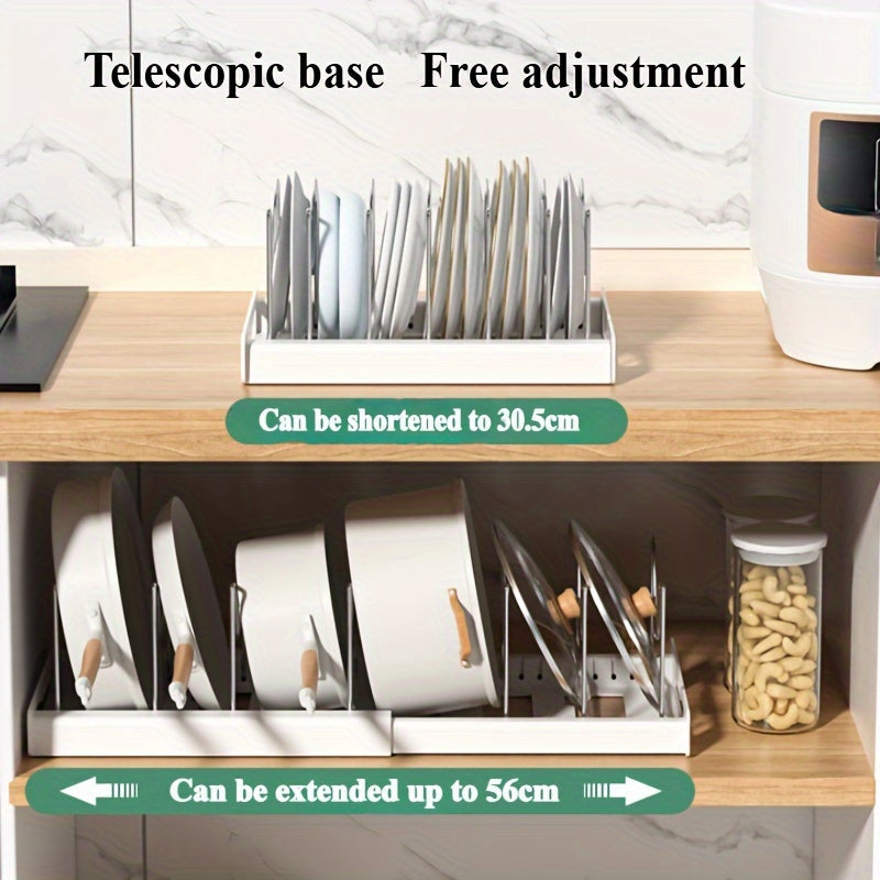 [1pc Adjustable Pot Organizer Rack] 1pc Expandable Stainless Steel Pot Organizer Rack with Adjustable Dividers, Uncharged Multi-Purpose Kitchen Cabinet Cookware Storage Solution for Pots and Pans Organization