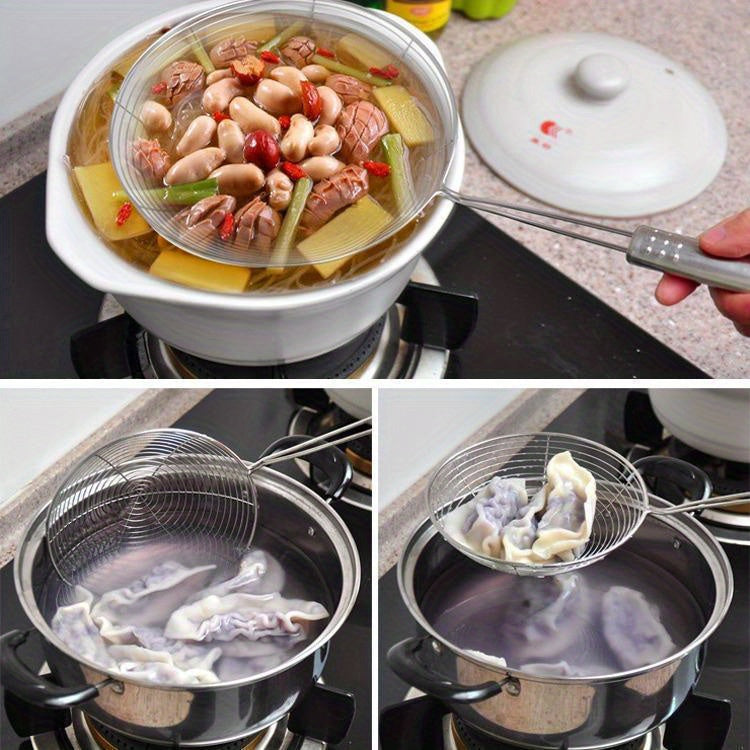 1pc Premium Metal Wire Strainer Ladle - Ergonomic Handle, Fine Mesh Skimmer Spoon for Frying, Boiling & Draining - Essential Kitchen Tool for Delicious Fried Food, Sturdy & Versatile Gadget