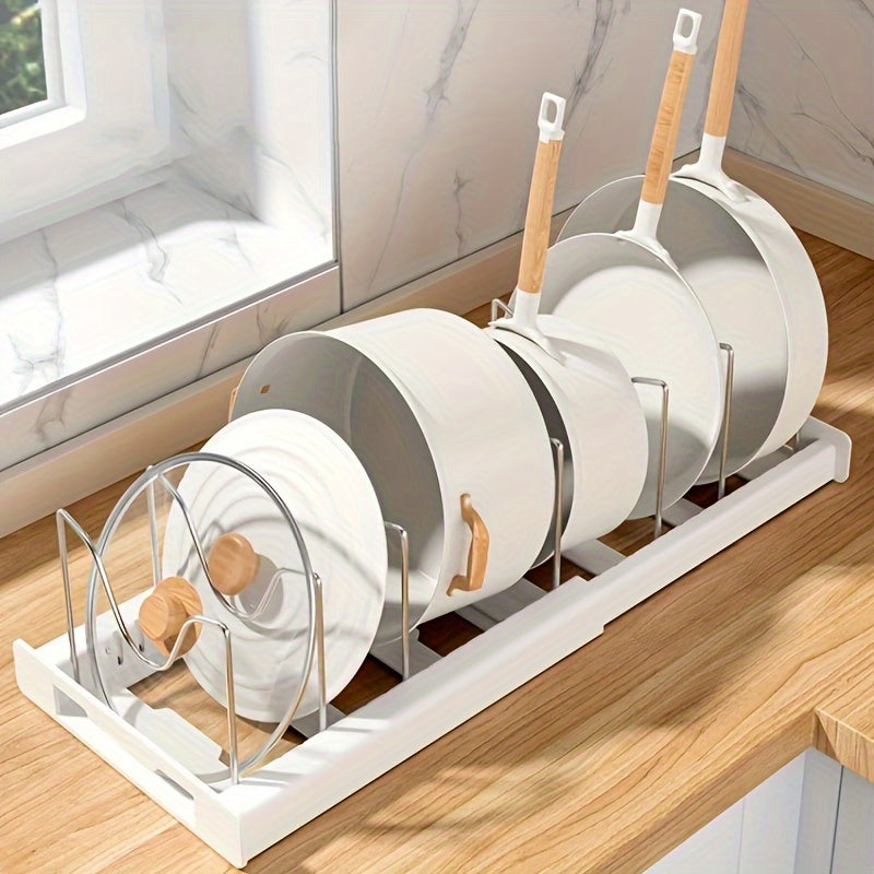 [1pc Adjustable Pot Organizer Rack] 1pc Expandable Stainless Steel Pot Organizer Rack with Adjustable Dividers, Uncharged Multi-Purpose Kitchen Cabinet Cookware Storage Solution for Pots and Pans Organization