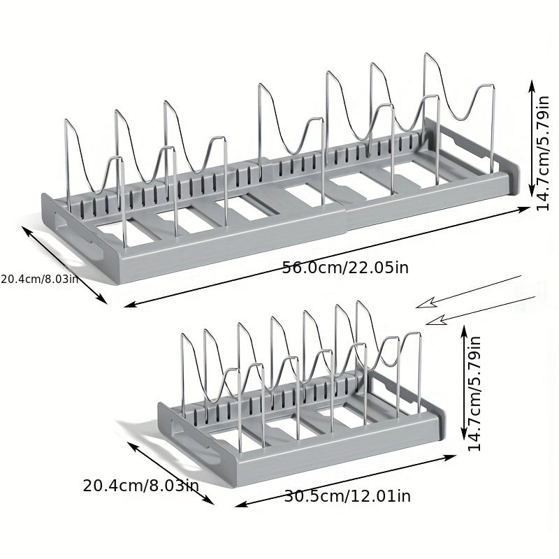 [1pc Adjustable Pot Organizer Rack] 1pc Expandable Stainless Steel Pot Organizer Rack with Adjustable Dividers, Uncharged Multi-Purpose Kitchen Cabinet Cookware Storage Solution for Pots and Pans Organization