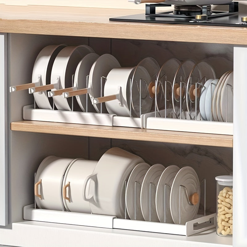 [1pc Adjustable Pot Organizer Rack] 1pc Expandable Stainless Steel Pot Organizer Rack with Adjustable Dividers, Uncharged Multi-Purpose Kitchen Cabinet Cookware Storage Solution for Pots and Pans Organization