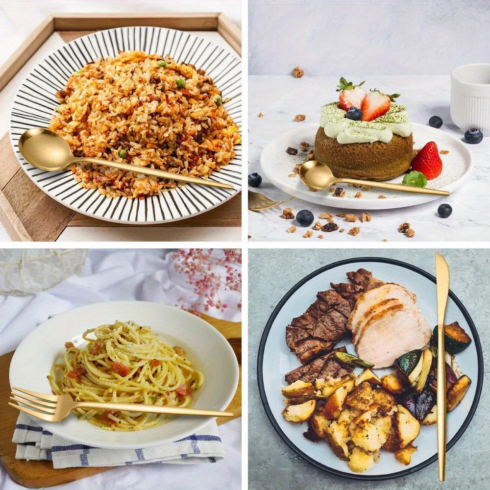24pcs, Elegant And Durable Gold Dinnerware Set, Made Of Stainless Steel, Including Steak Knives, Forks, Coffee Spoons, And Teaspoons, This Flatware Is Dishwasher Safe And Perfect For Adding A Touch Of Luxury To Your Kitchen T