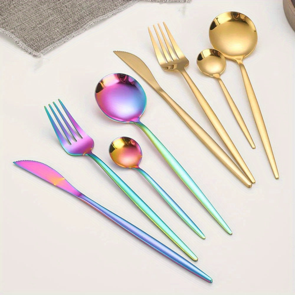 24pcs, Elegant And Durable Gold Dinnerware Set, Made Of Stainless Steel, Including Steak Knives, Forks, Coffee Spoons, And Teaspoons, This Flatware Is Dishwasher Safe And Perfect For Adding A Touch Of Luxury To Your Kitchen T