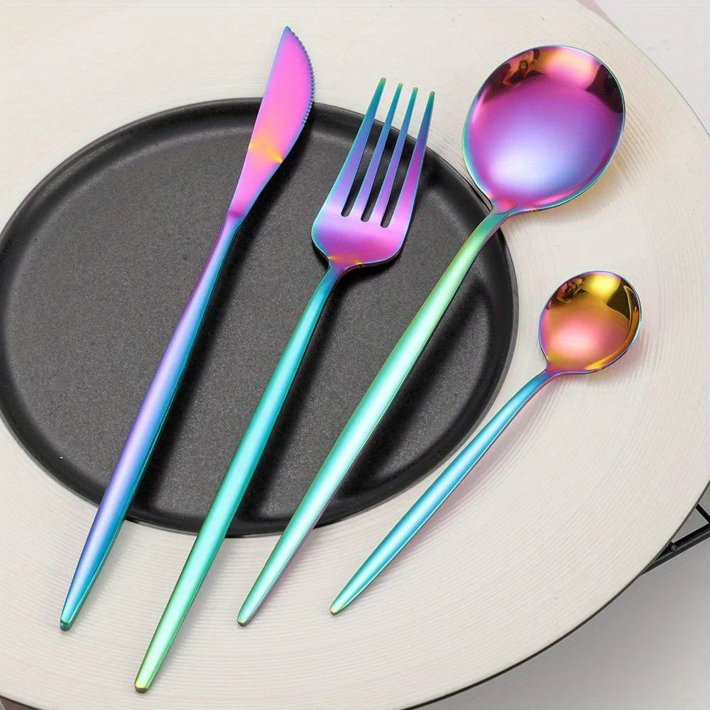 24pcs, Elegant And Durable Gold Dinnerware Set, Made Of Stainless Steel, Including Steak Knives, Forks, Coffee Spoons, And Teaspoons, This Flatware Is Dishwasher Safe And Perfect For Adding A Touch Of Luxury To Your Kitchen T