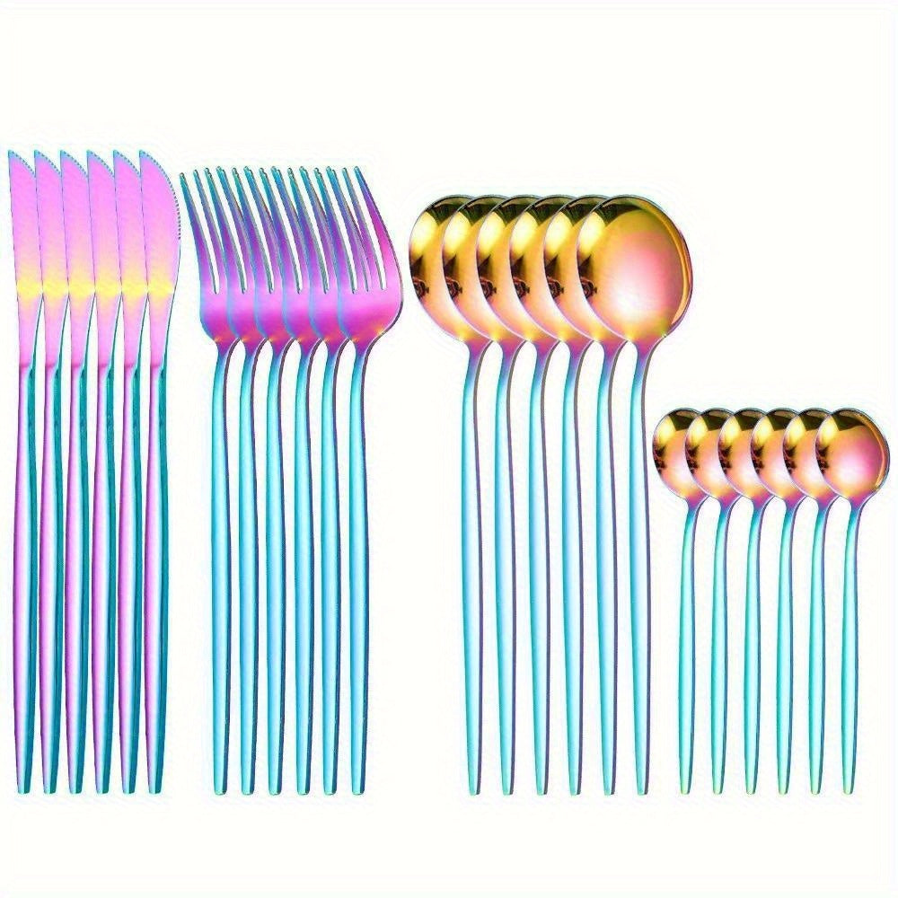 24pcs, Elegant And Durable Gold Dinnerware Set, Made Of Stainless Steel, Including Steak Knives, Forks, Coffee Spoons, And Teaspoons, This Flatware Is Dishwasher Safe And Perfect For Adding A Touch Of Luxury To Your Kitchen T