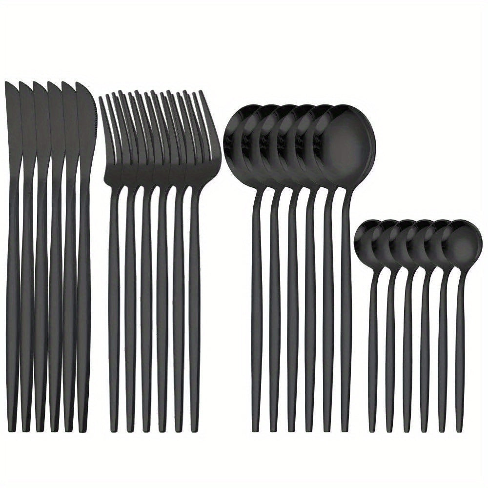 24pcs, Elegant And Durable Gold Dinnerware Set, Made Of Stainless Steel, Including Steak Knives, Forks, Coffee Spoons, And Teaspoons, This Flatware Is Dishwasher Safe And Perfect For Adding A Touch Of Luxury To Your Kitchen T