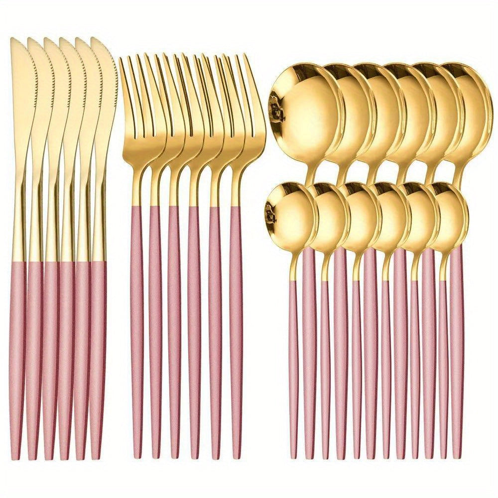 24pcs, Elegant And Durable Gold Dinnerware Set, Made Of Stainless Steel, Including Steak Knives, Forks, Coffee Spoons, And Teaspoons, This Flatware Is Dishwasher Safe And Perfect For Adding A Touch Of Luxury To Your Kitchen T