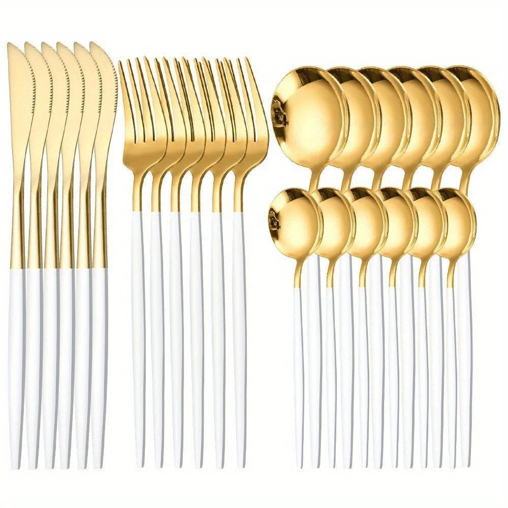 24pcs, Elegant And Durable Gold Dinnerware Set, Made Of Stainless Steel, Including Steak Knives, Forks, Coffee Spoons, And Teaspoons, This Flatware Is Dishwasher Safe And Perfect For Adding A Touch Of Luxury To Your Kitchen T