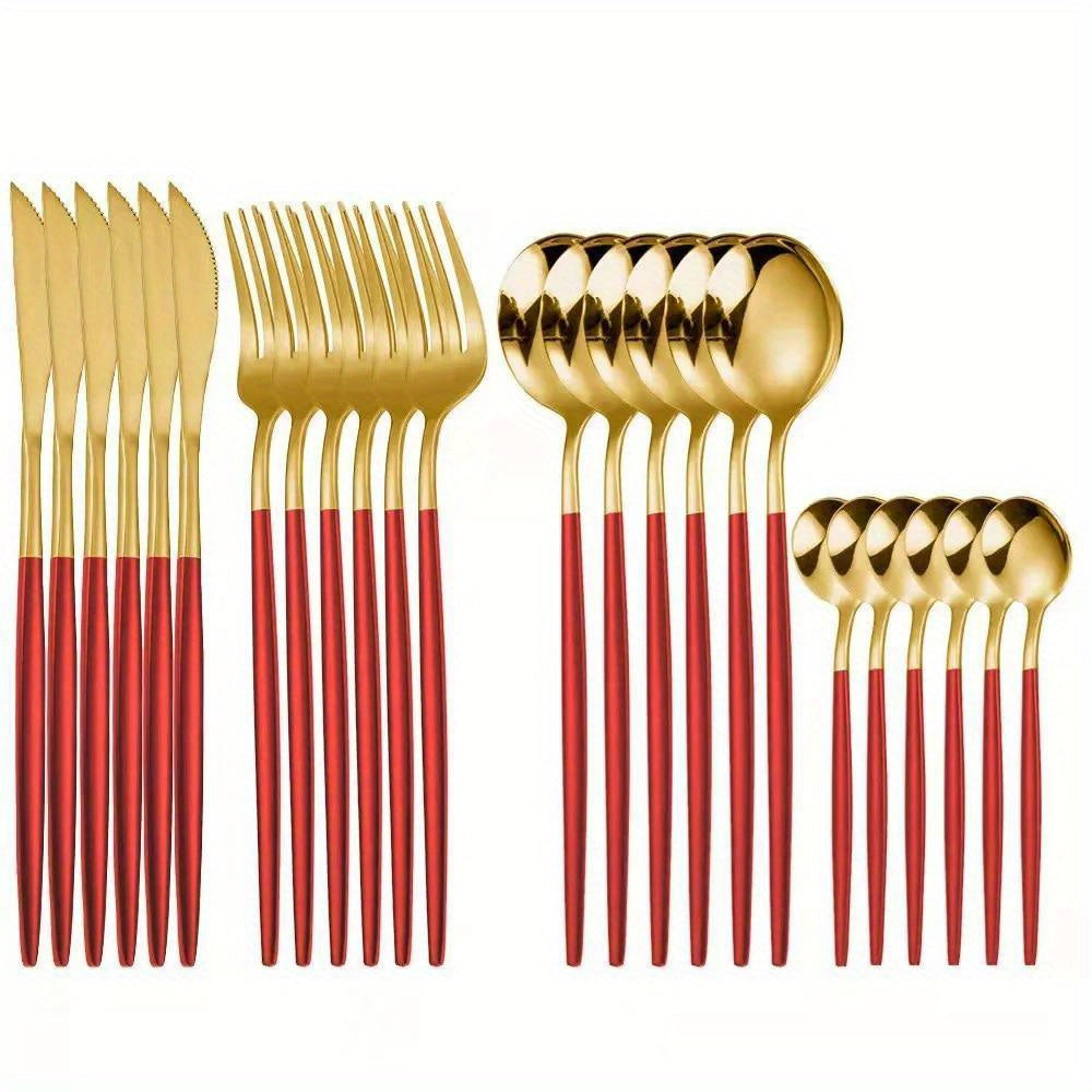24pcs, Elegant And Durable Gold Dinnerware Set, Made Of Stainless Steel, Including Steak Knives, Forks, Coffee Spoons, And Teaspoons, This Flatware Is Dishwasher Safe And Perfect For Adding A Touch Of Luxury To Your Kitchen T