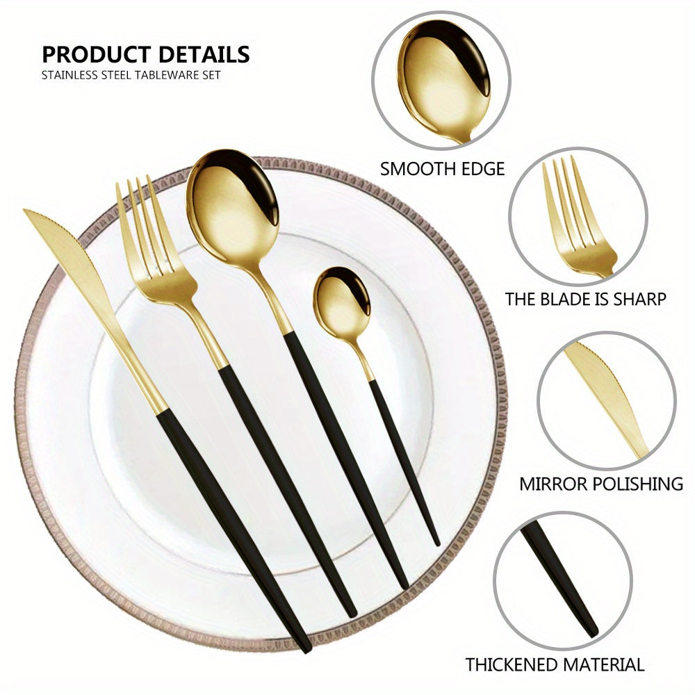 24pcs, Portugal Dinnerware Set, Stainless Steel Steak Knife Fork Coffee Spoon Teaspoon Flatware, Dishwasher Safe, Kitchen Tableware