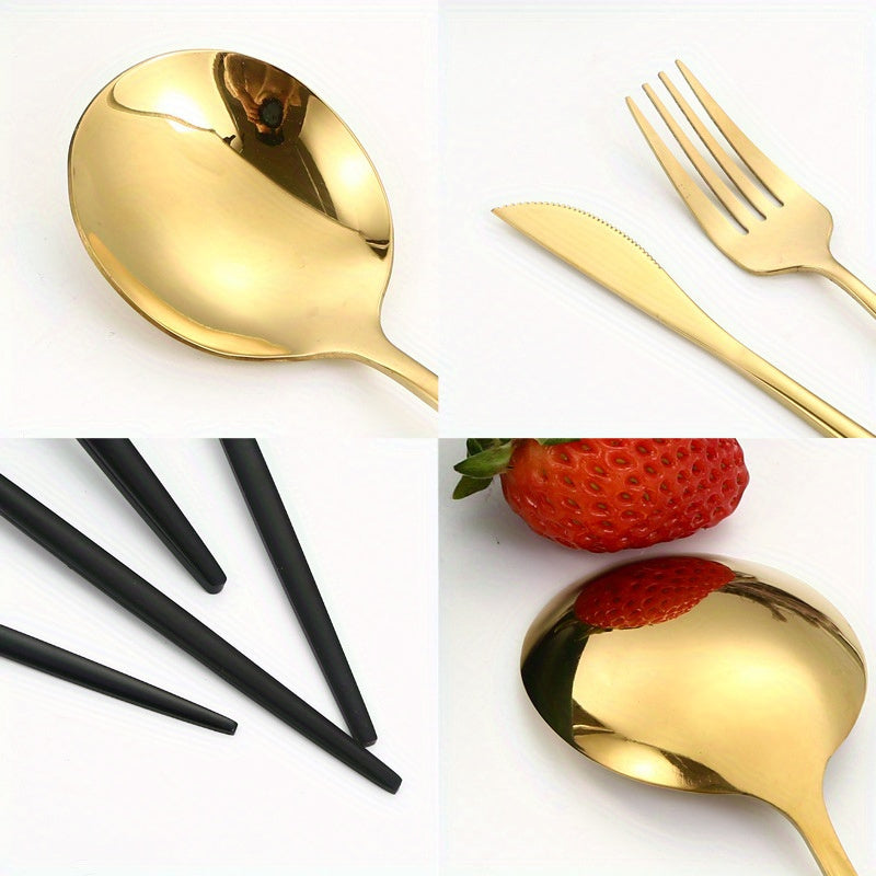 24pcs, Portugal Dinnerware Set, Stainless Steel Steak Knife Fork Coffee Spoon Teaspoon Flatware, Dishwasher Safe, Kitchen Tableware