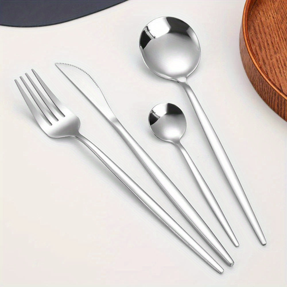 24pcs, Portugal Dinnerware Set, Stainless Steel Steak Knife Fork Coffee Spoon Teaspoon Flatware, Dishwasher Safe, Kitchen Tableware