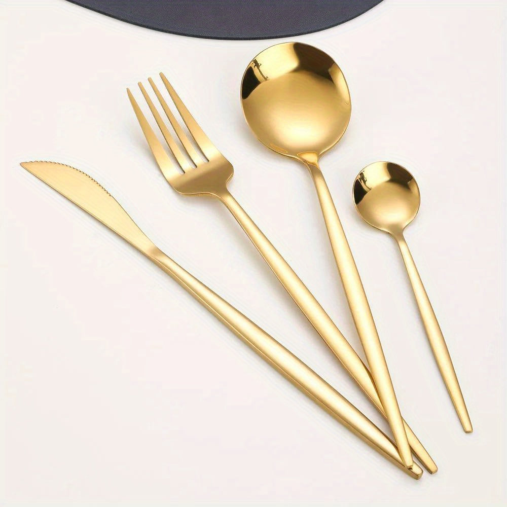 24pcs, Portugal Dinnerware Set, Stainless Steel Steak Knife Fork Coffee Spoon Teaspoon Flatware, Dishwasher Safe, Kitchen Tableware