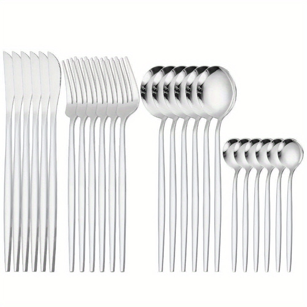 24pcs, Portugal Dinnerware Set, Stainless Steel Steak Knife Fork Coffee Spoon Teaspoon Flatware, Dishwasher Safe, Kitchen Tableware