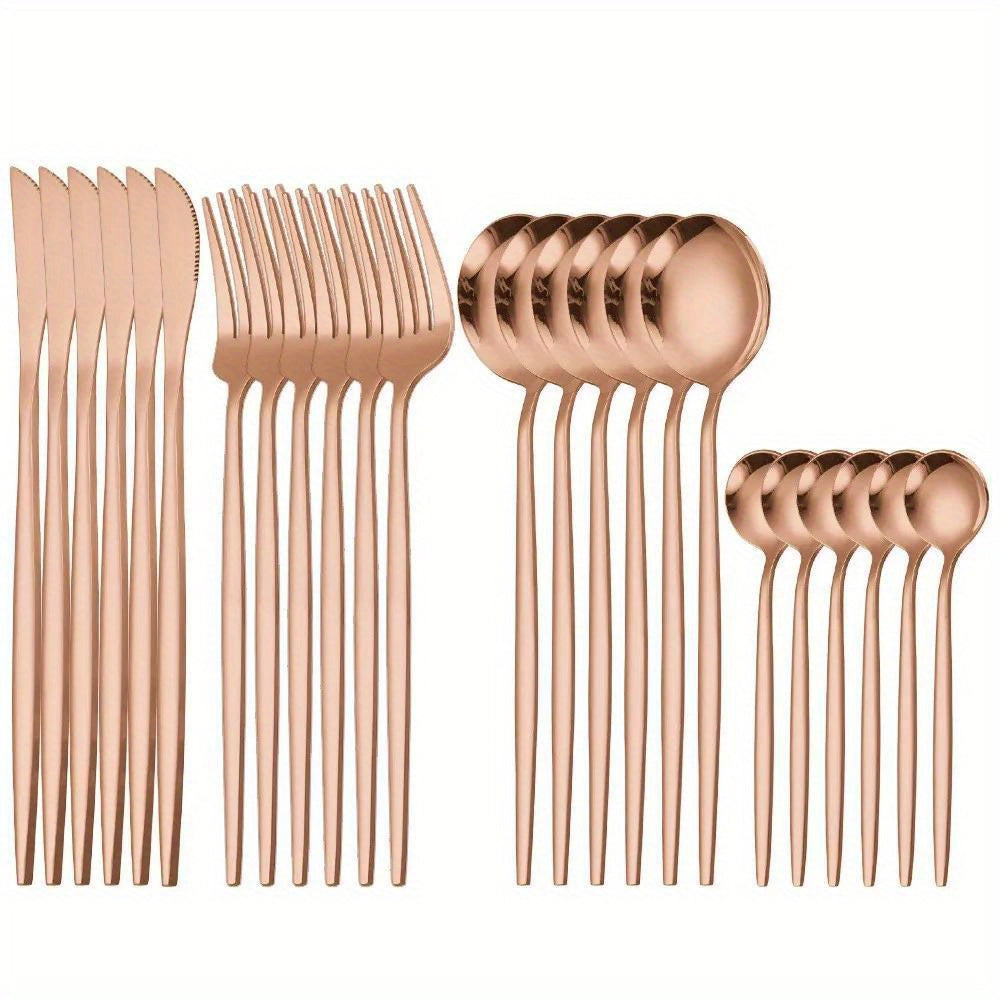 24pcs, Portugal Dinnerware Set, Stainless Steel Steak Knife Fork Coffee Spoon Teaspoon Flatware, Dishwasher Safe, Kitchen Tableware