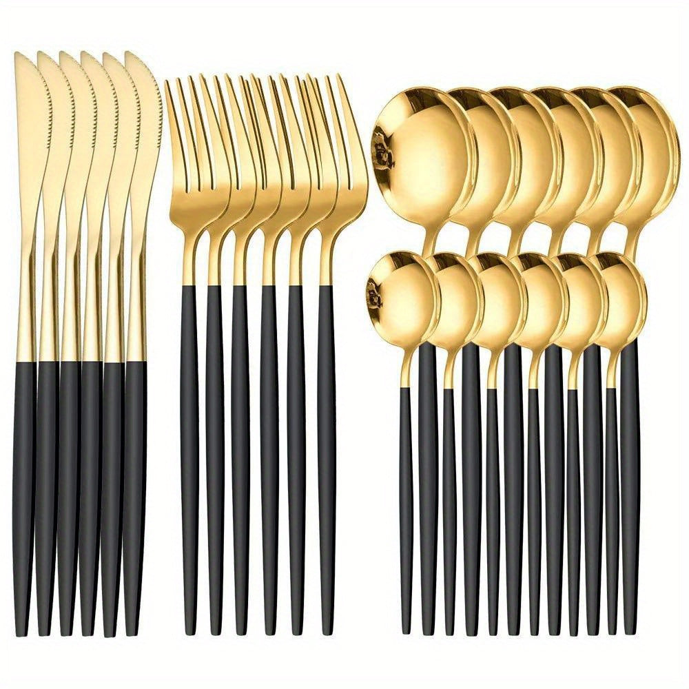 24pcs, Portugal Dinnerware Set, Stainless Steel Steak Knife Fork Coffee Spoon Teaspoon Flatware, Dishwasher Safe, Kitchen Tableware