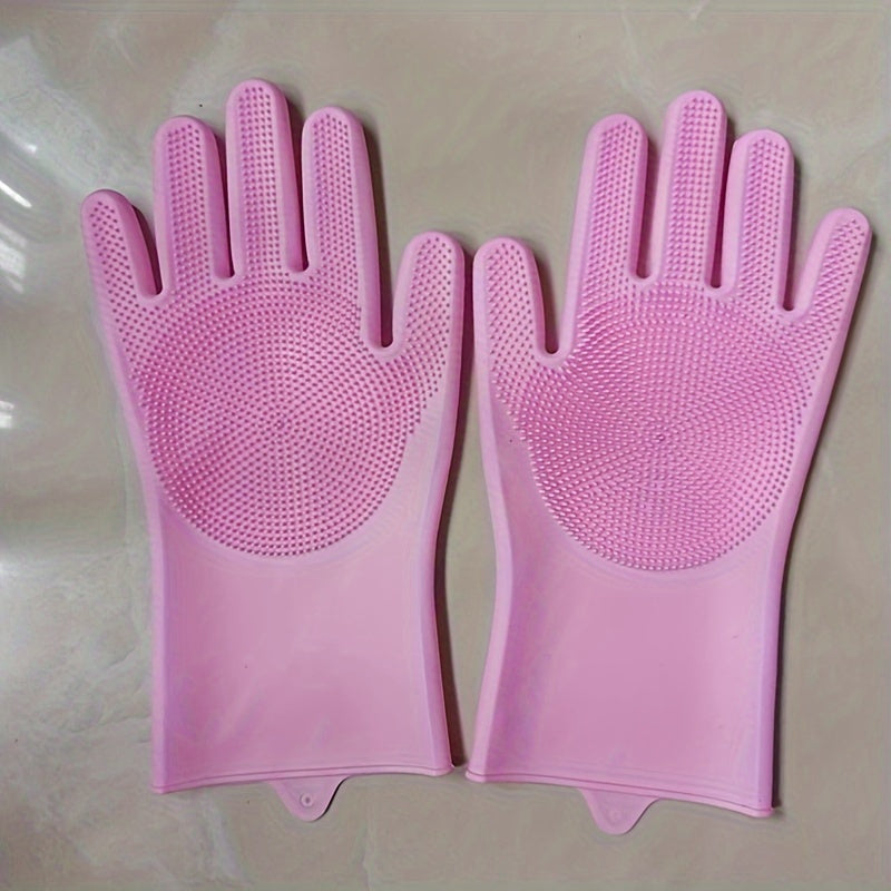 1pair Kitchen Silicone Dishwashing Gloves, Housework Cleaning Waterproof Insulation Magic Gloves, Dishwashing Brush